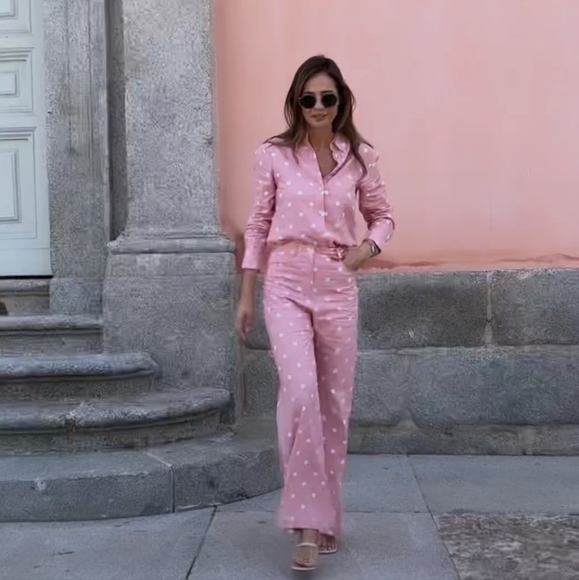 Zara 2 pcs linen blend polka dot shirt + pants set - Picture 3 of 8